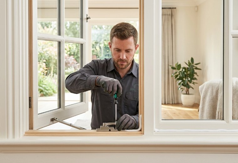 Tradesperson reaching through an open casement window to work on the hinge, bright interior beyond