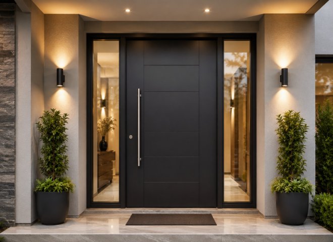 Contemporary dark entry door with glazed sidelights, wall lights and planters at dusk