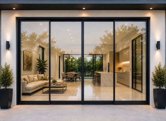Large black-framed sliding glass doors on a contemporary home at dusk, lit interior beyond