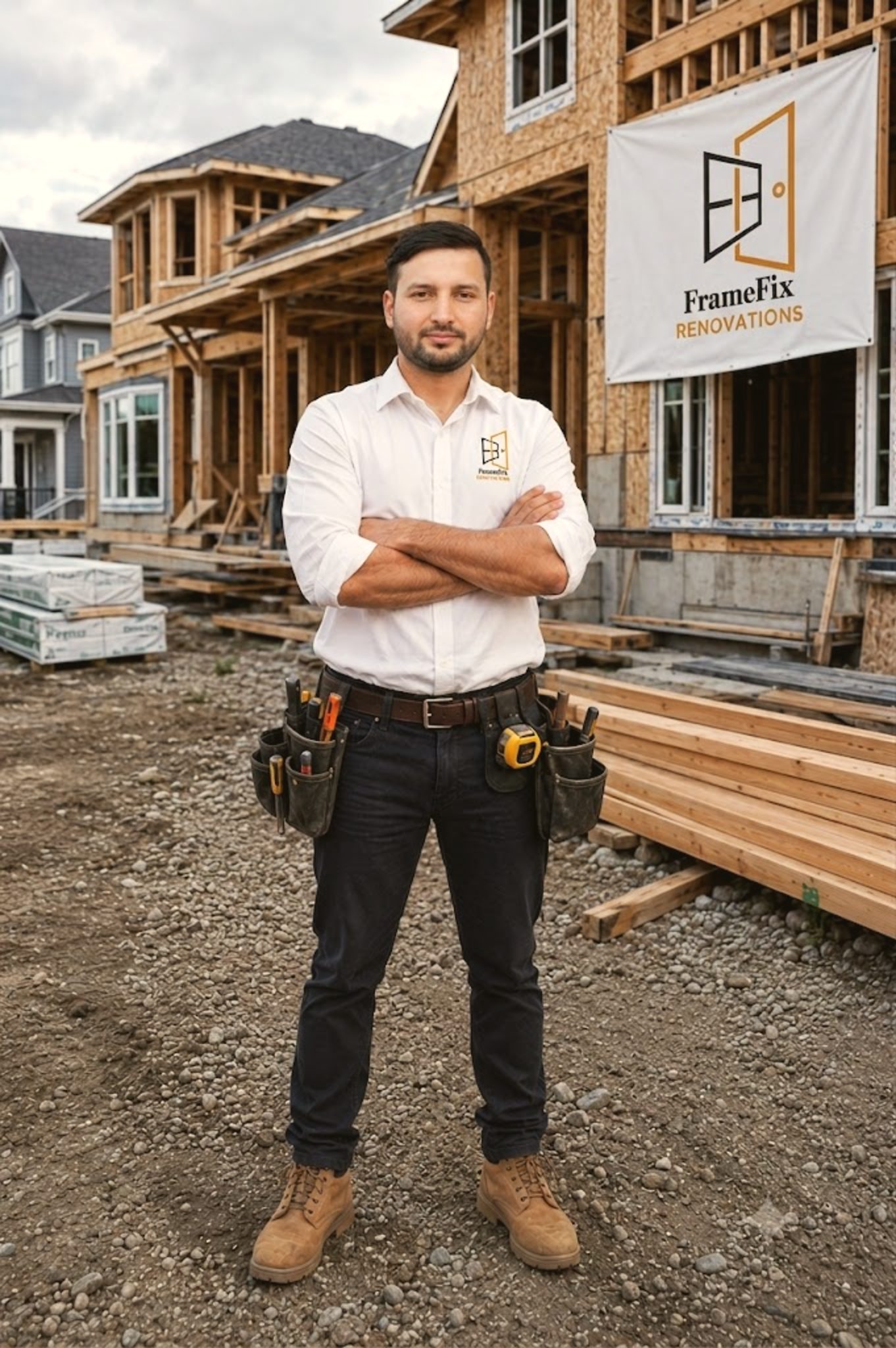 The owner of FrameFix Renovations on a framing site in Cochrane, Alberta, wearing a branded shirt and tool belt