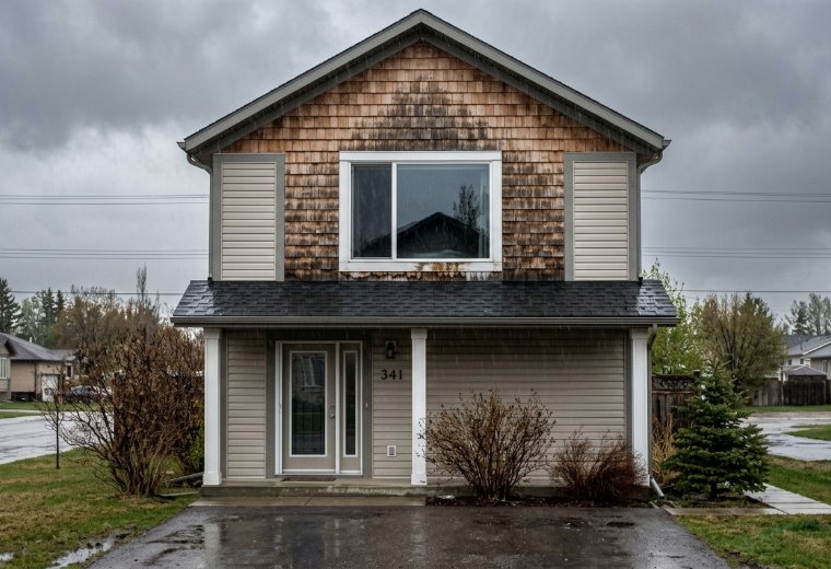 Modest two-storey Alberta home with cedar shakes and a porch, photographed in grey rain