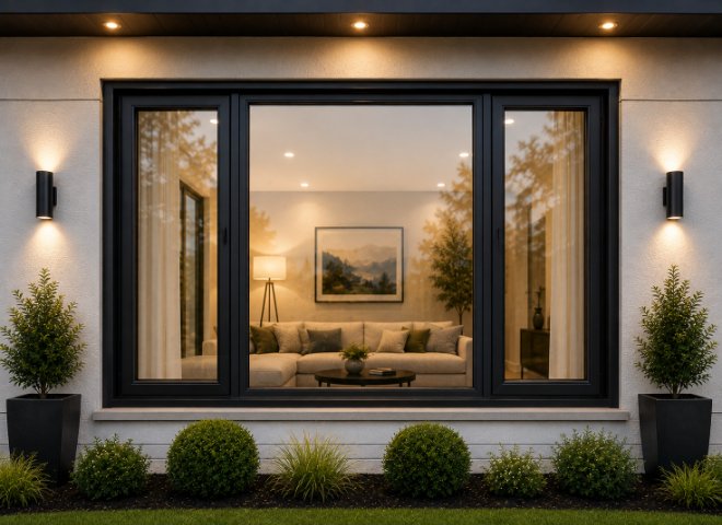 Black-framed casement window unit on a contemporary home at dusk, warm interior visible through the glass
